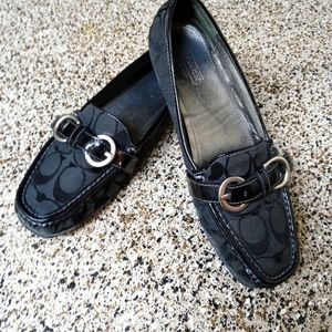 Womens Black Loafer with Silver Buckles and Grey Logo